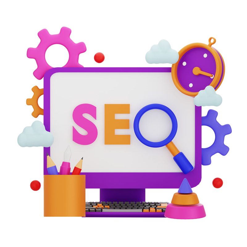 SEO on a computer screen with a magnifying glass